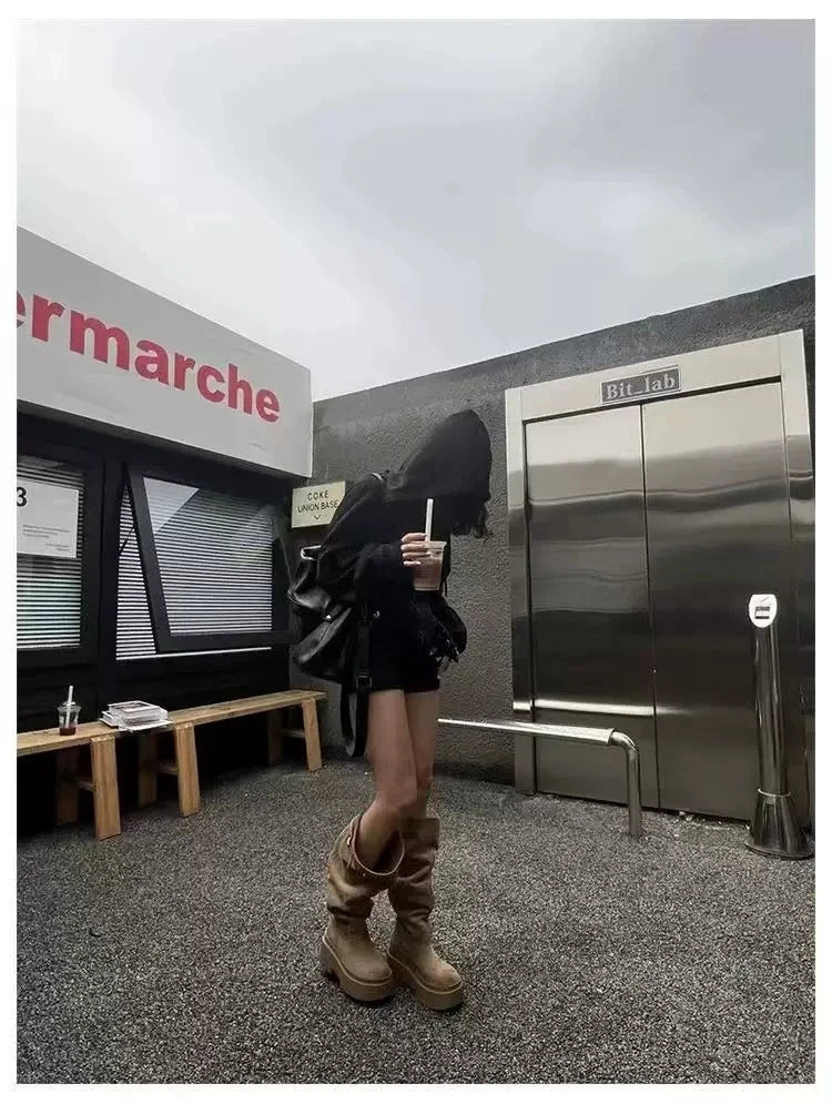 Grunge Brown Slouchy Mid-Calf Boots with Buckle Detail
