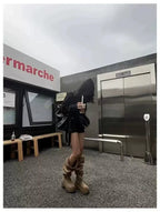 Grunge Brown Slouchy Mid-Calf Boots with Buckle Detail