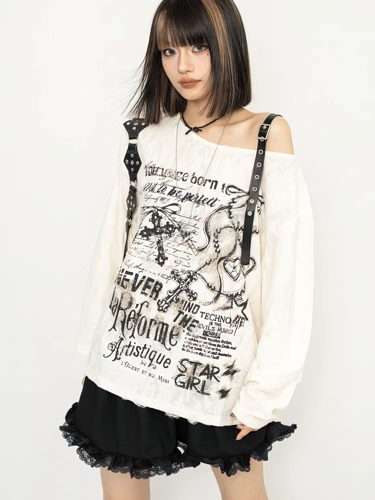Women’s Distressed Graphic Off-Shoulder Long-Sleeve T-Shirt