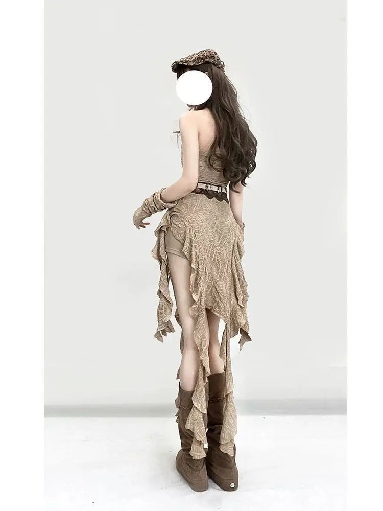 Khaki Strapless Ruffle-Fringe Dress
