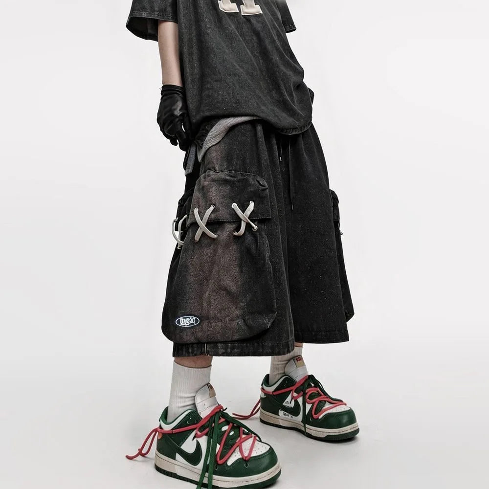 Men's Black Denim Cargo Shorts – Loose Knee-Length Drawstring Shorts