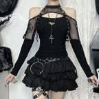 Women's Black Gothic Fishnet Cutout Long-Sleeve Top