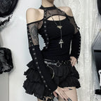 Women's Black Gothic Fishnet Cutout Long-Sleeve Top