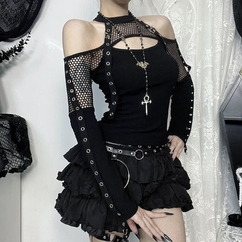 Women's Black Gothic Fishnet Cutout Long-Sleeve Top