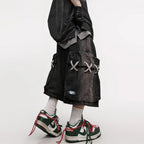 Men's Black Denim Cargo Shorts – Loose Knee-Length Drawstring Shorts