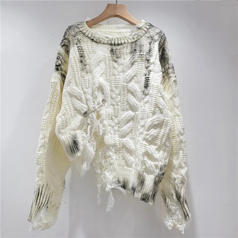 Women's White Distressed Knit Pullover Sweater