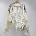Women's White Distressed Knit Pullover Sweater