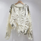 Women's White Distressed Knit Pullover Sweater