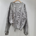 Women's Gray Distressed Cable-Knit Pullover Sweater