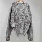 Women's Gray Distressed Cable-Knit Pullover Sweater