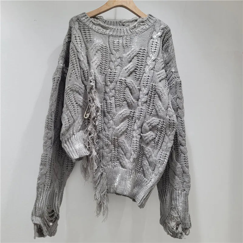 Women's Gray Distressed Cable-Knit Pullover Sweater