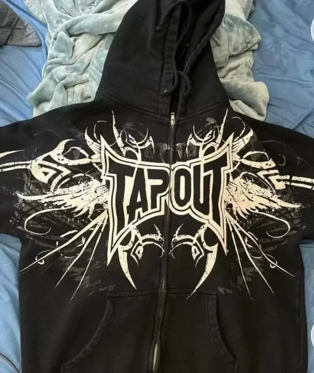 Graphic Zip-Up Hoodie with Hood and Long Sleeves