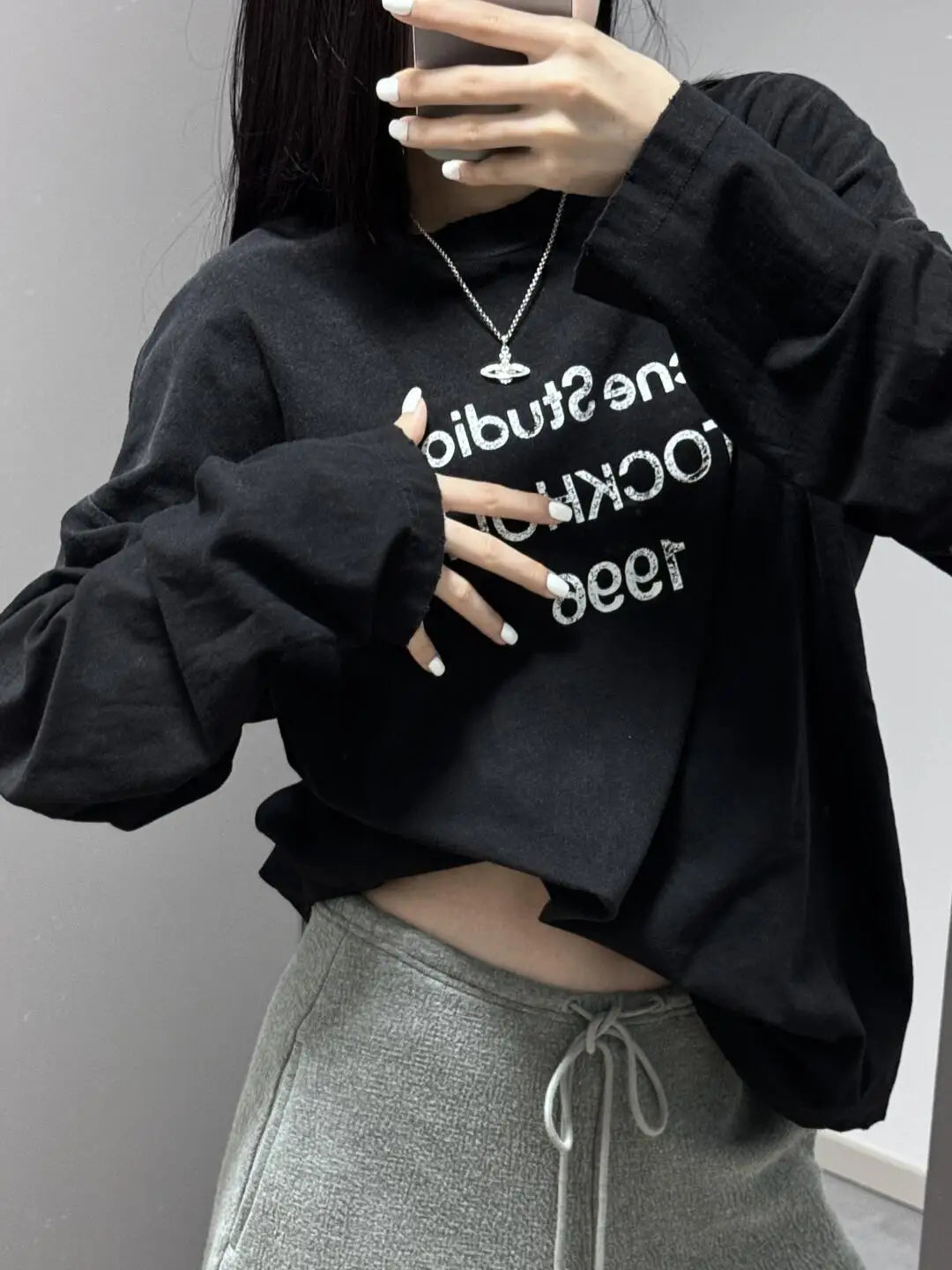 Grunge Black Long-Sleeve Graphic T-Shirt