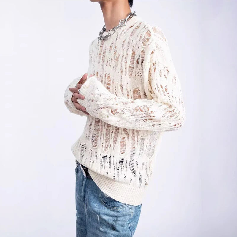 Men's Distressed Open-Knit Crewneck Sweater