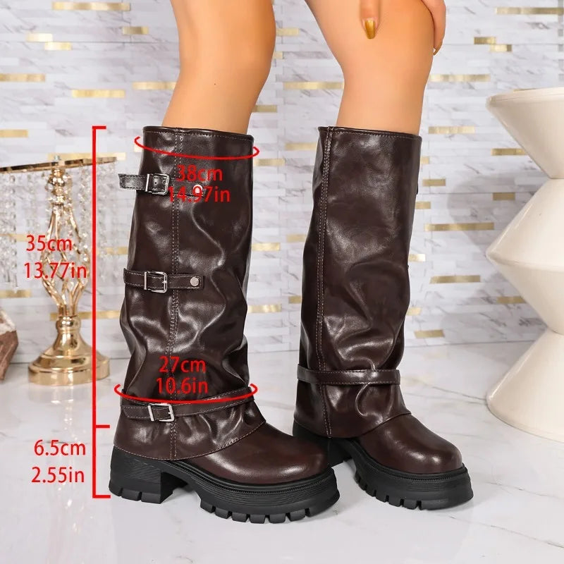 Women's Knee-High Platform Boots with Multi-Buckle Straps