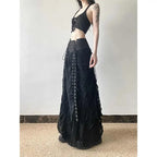 Black High-Rise Lace-Up Ruched Maxi Skirt