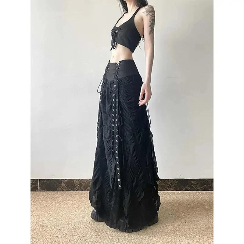 Black High-Rise Lace-Up Ruched Maxi Skirt