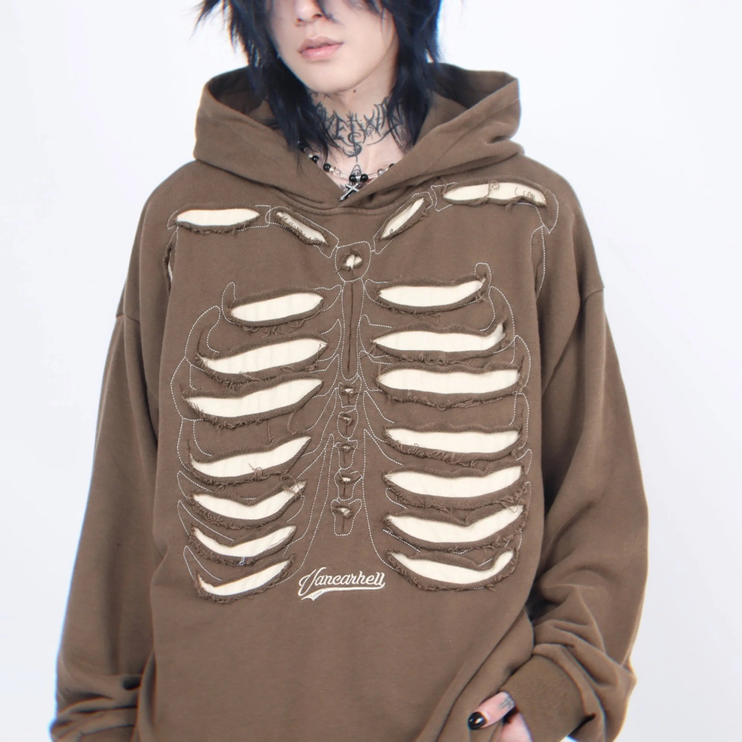Skeleton Graphic Distressed Pullover Hoodie
