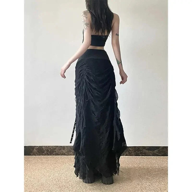 Black High-Rise Lace-Up Ruched Maxi Skirt