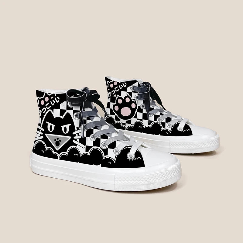 Women's Black-and-White Graffiti High-Top Canvas Sneakers