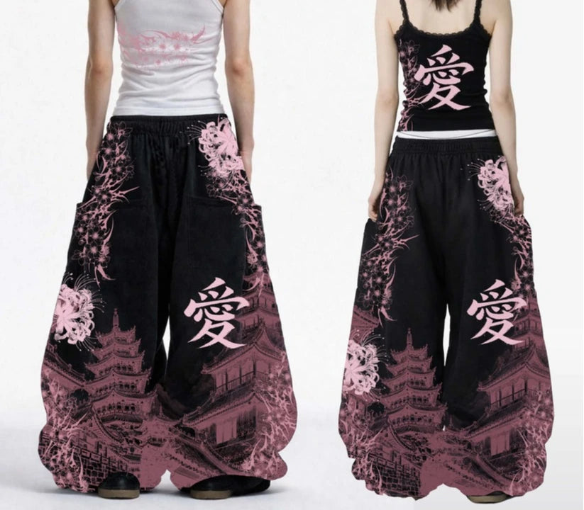 Graphic Floral Wide-Leg Pants with Elastic Waist