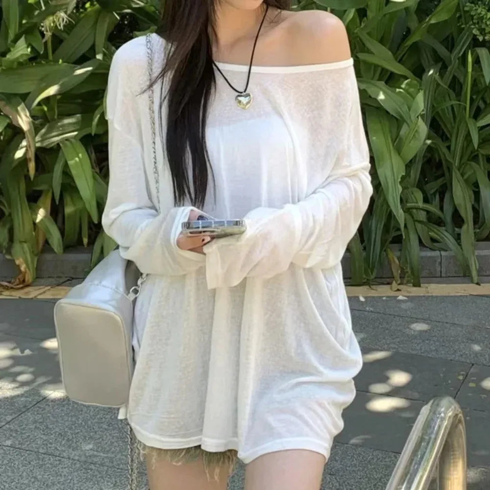 Sheer Off-Shoulder Long-Sleeve Top