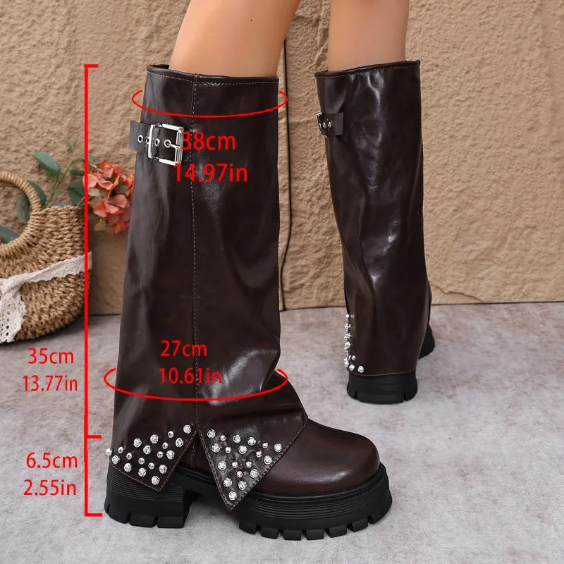 Women’s Knee-High Platform Boots with Rhinestone Buckle Detail