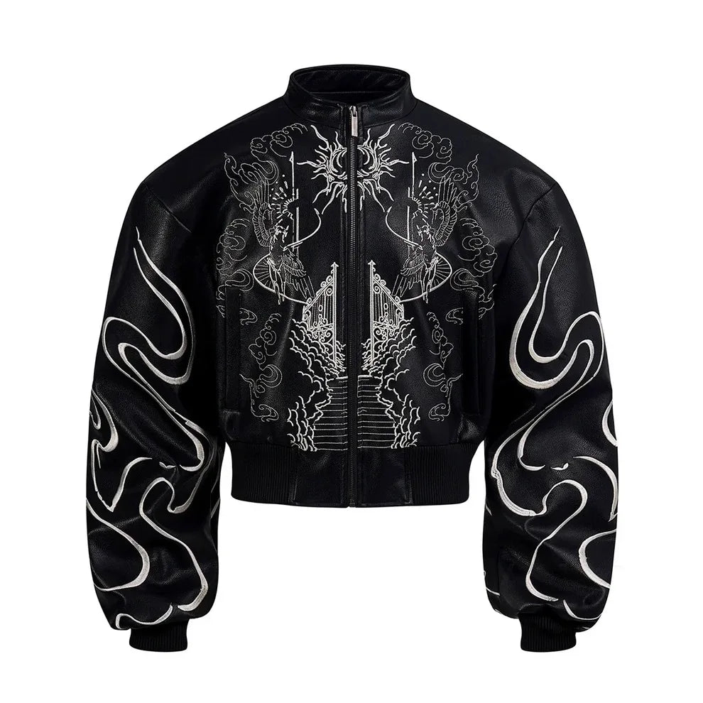 Men’s Black Embroidered PU Leather Jacket