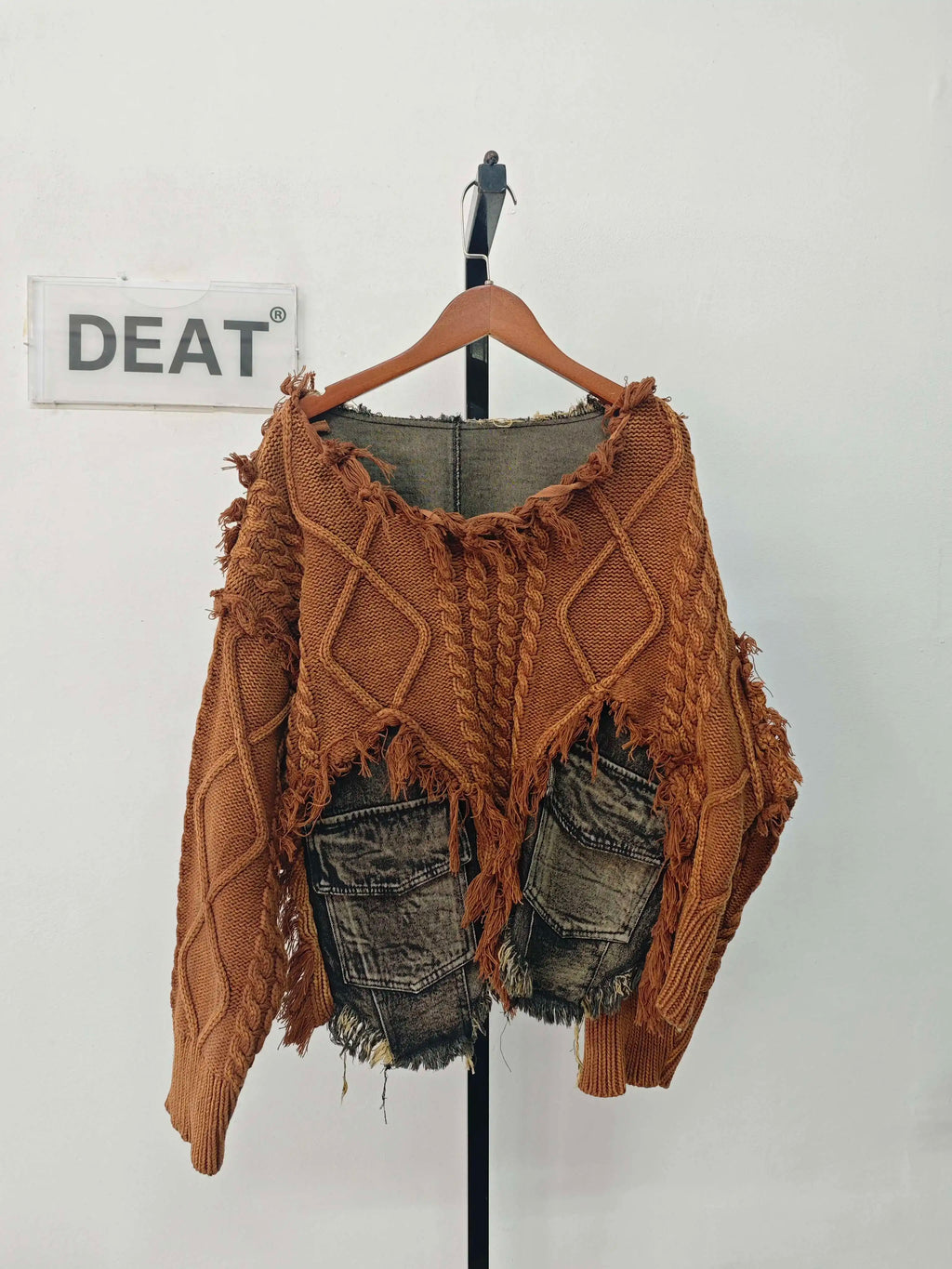 Women’s Patchwork Knit Pullover Sweater with Fringed Edges