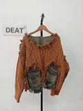 Women’s Patchwork Knit Pullover Sweater with Fringed Edges