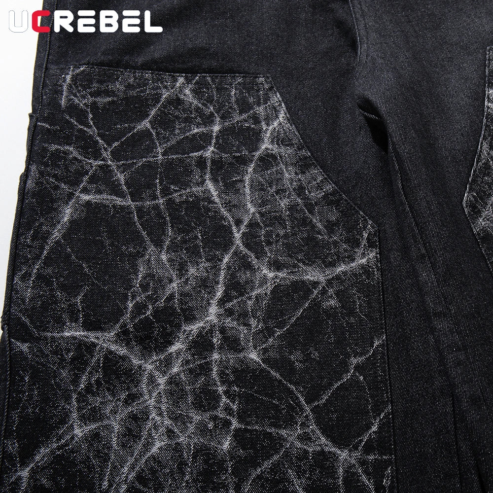 Men's Black Patchwork Wide-Leg Jeans