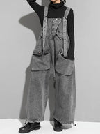 Women's Black Denim Bib Overalls - Loose Wide Leg