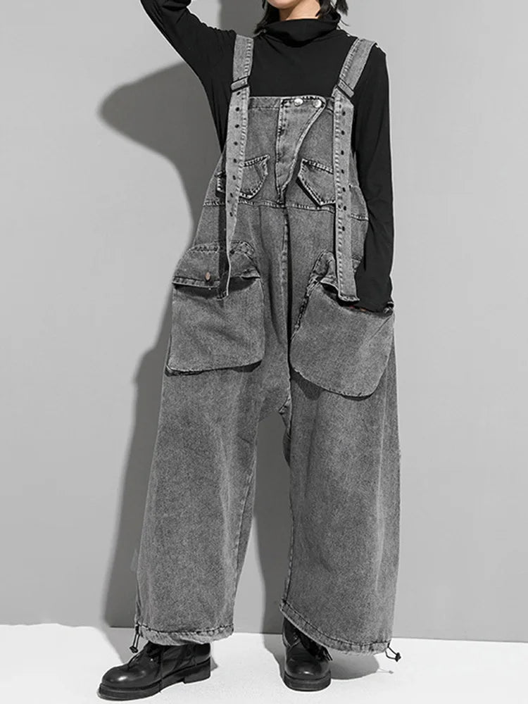 Women's Black Denim Bib Overalls - Loose Wide Leg