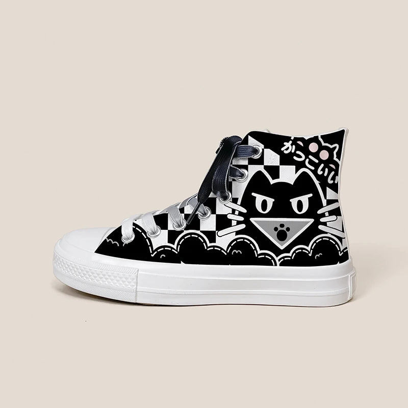 Women's Black-and-White Graffiti High-Top Canvas Sneakers
