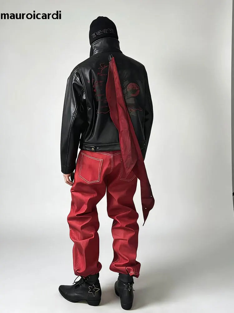 Men's Black Faux Leather Jacket with Red Ribbon Detail