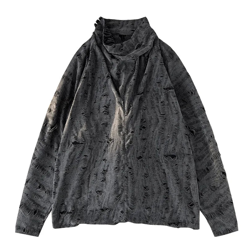 Men's Gray Distressed Long-Sleeve Cowl-Neck Shirt