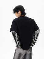 Men's Black and White Striped Layered Long-Sleeve T-Shirt