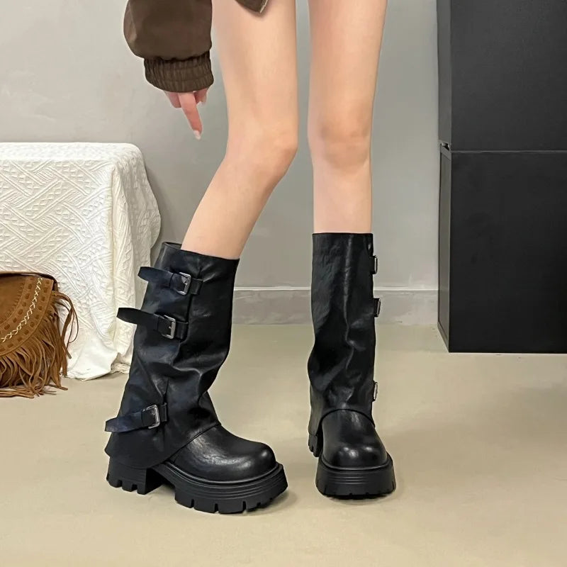 Women's Black Platform Buckle Mid-Calf Boots