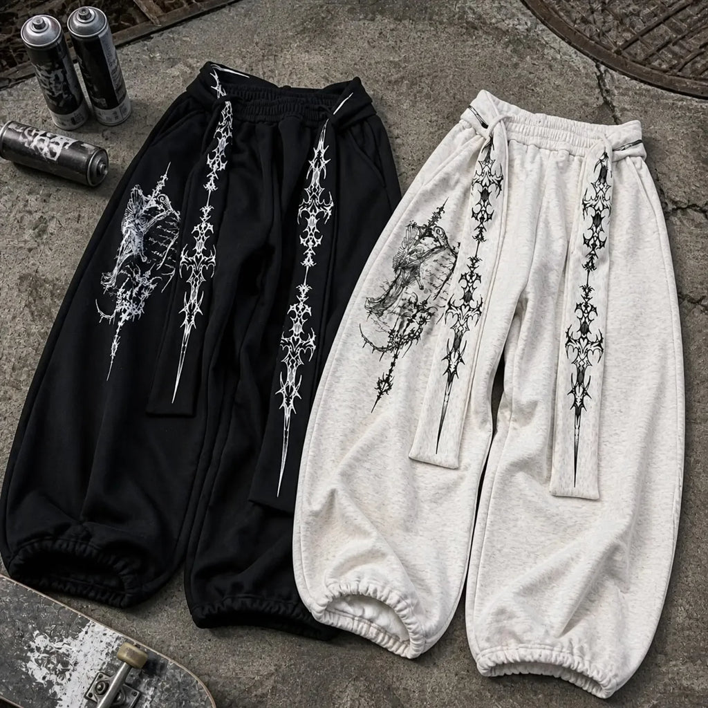 Gothic Graphic Wide-Leg Sweatpants with Drawstring Waist