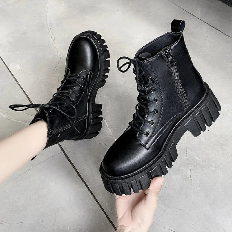 Women's PU Ankle Boots with Lugged Sole – Lace-Up