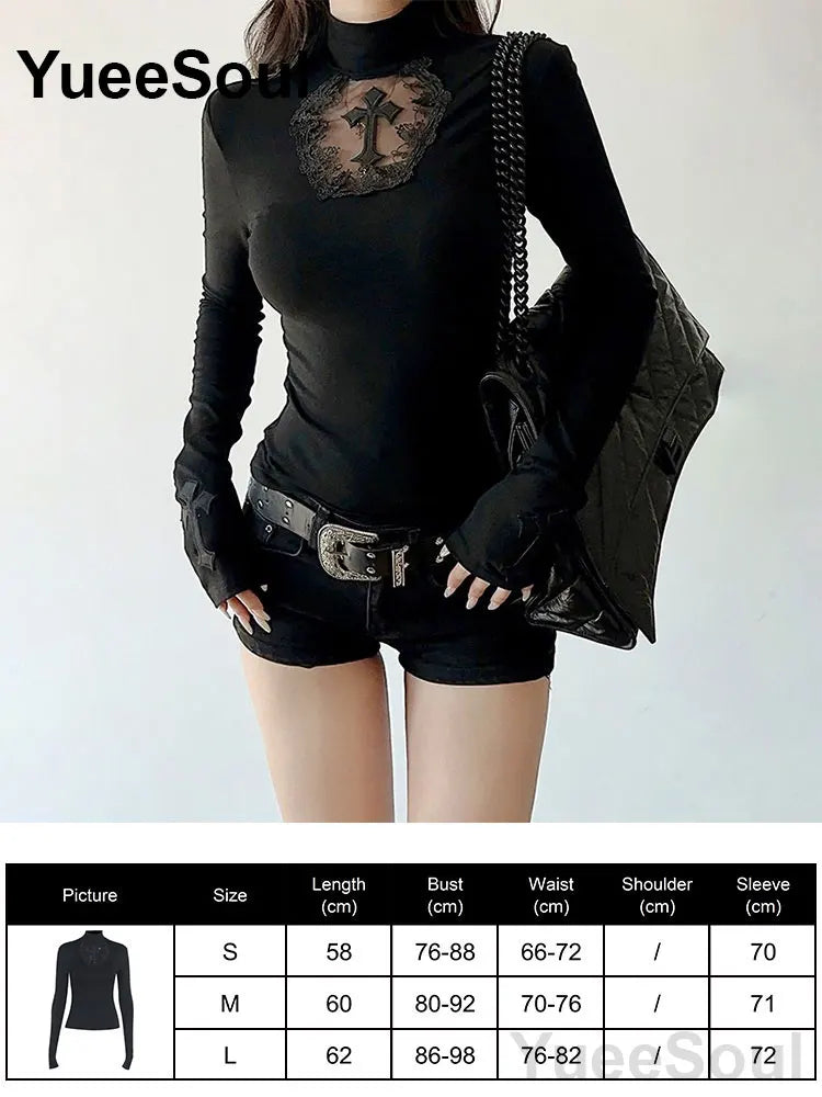 Women's Black Lace-Panel Long-Sleeve Top