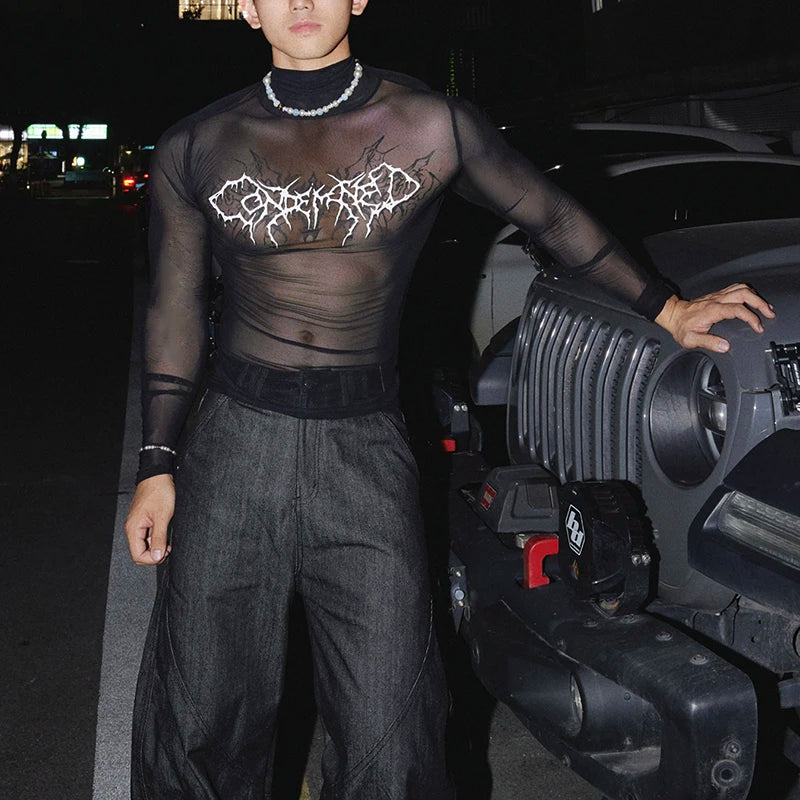 Men's Printed Mesh Turtleneck Long-Sleeve Tee