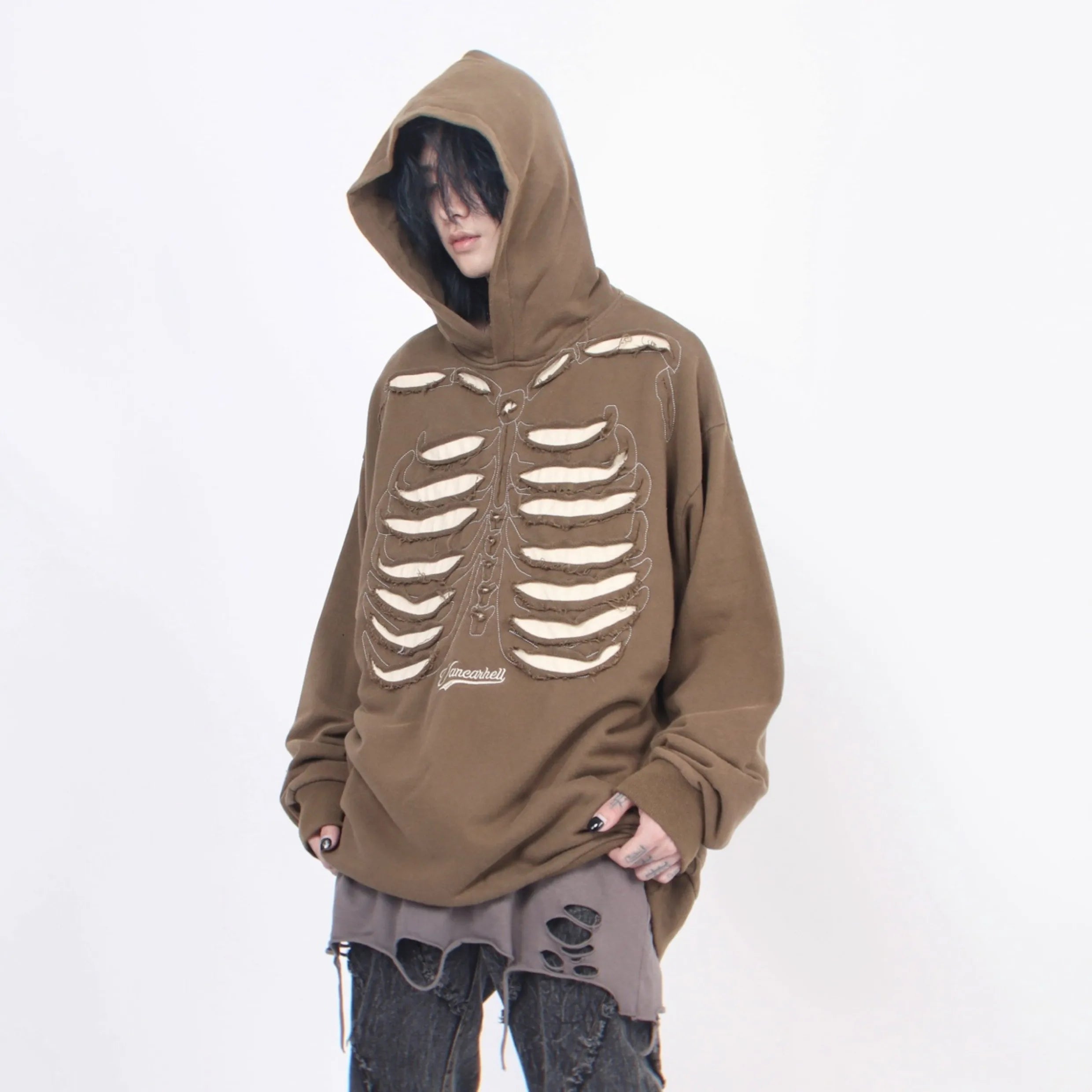 Skeleton Graphic Distressed Pullover Hoodie