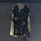 Men's Black and Olive Distressed Patchwork Long-Sleeve T-Shirt
