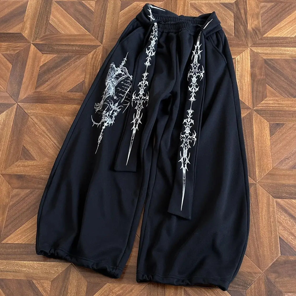 Black Gothic Graphic Wide-Leg Sweatpants