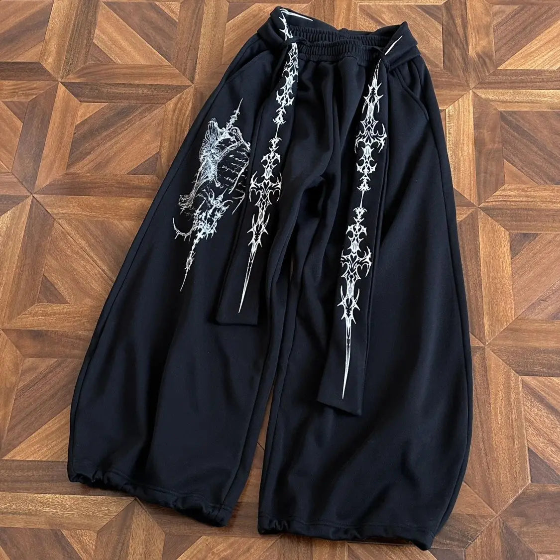 Black Gothic Graphic Wide-Leg Sweatpants