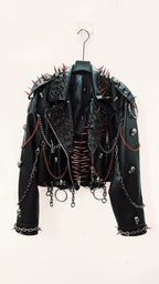 Women's Black Faux Leather Punk Jacket with Spikes and Chains