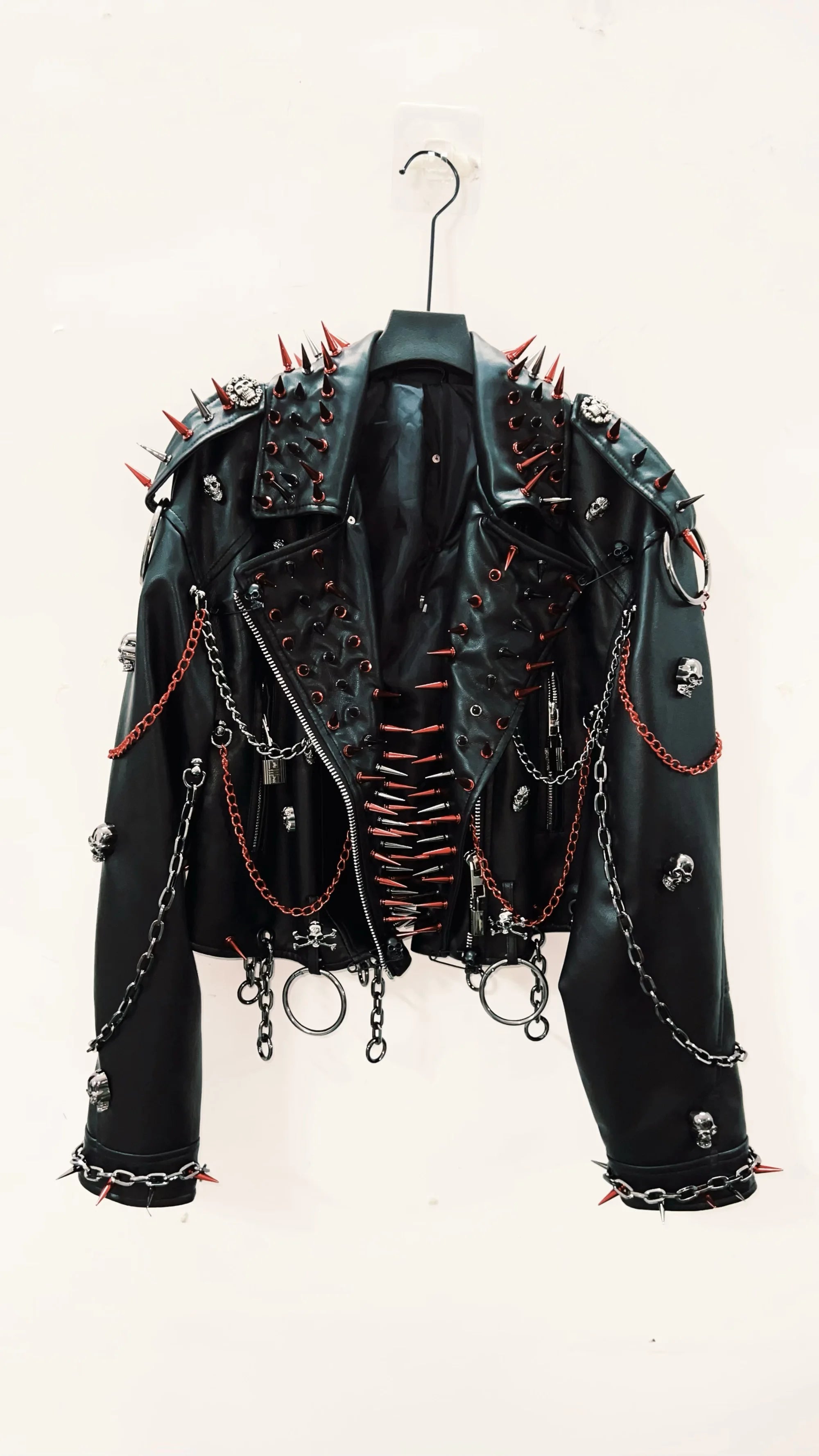 Women's Black Faux Leather Punk Jacket with Spikes and Chains