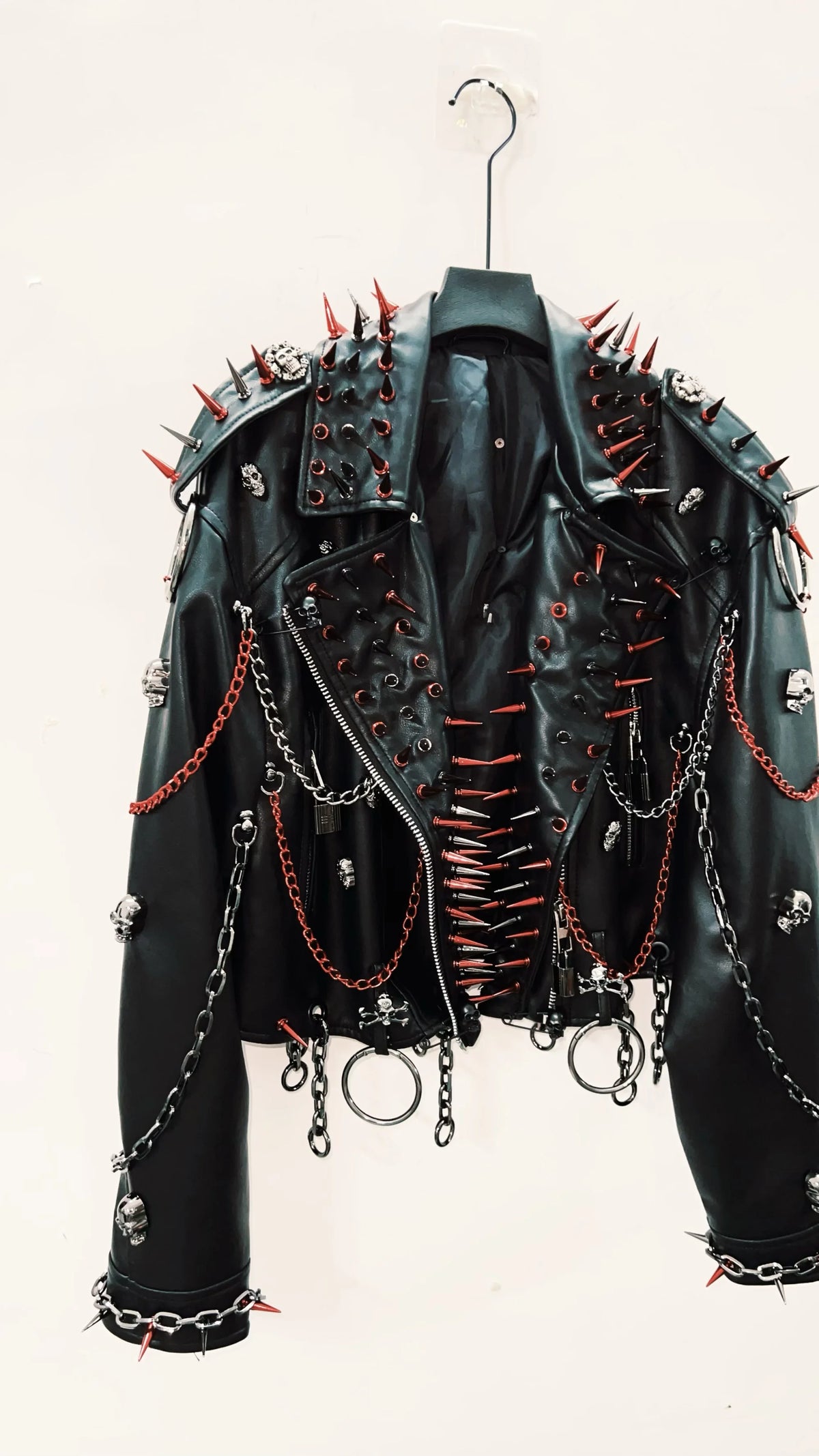 Women's Black Faux Leather Punk Jacket with Spikes and Chains