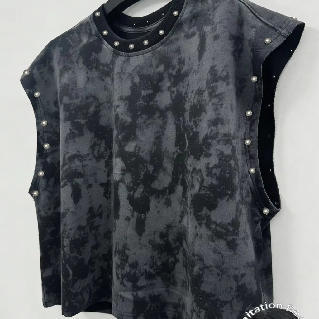 Unisex Black Distressed Pearl-Studded Cropped Sleeveless Top